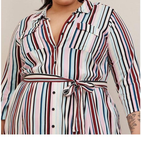 NEW TORRID Midi Shirt Dress Plus Size 2X Stretch Challis Button Front Stripes - Picture 2 of 10